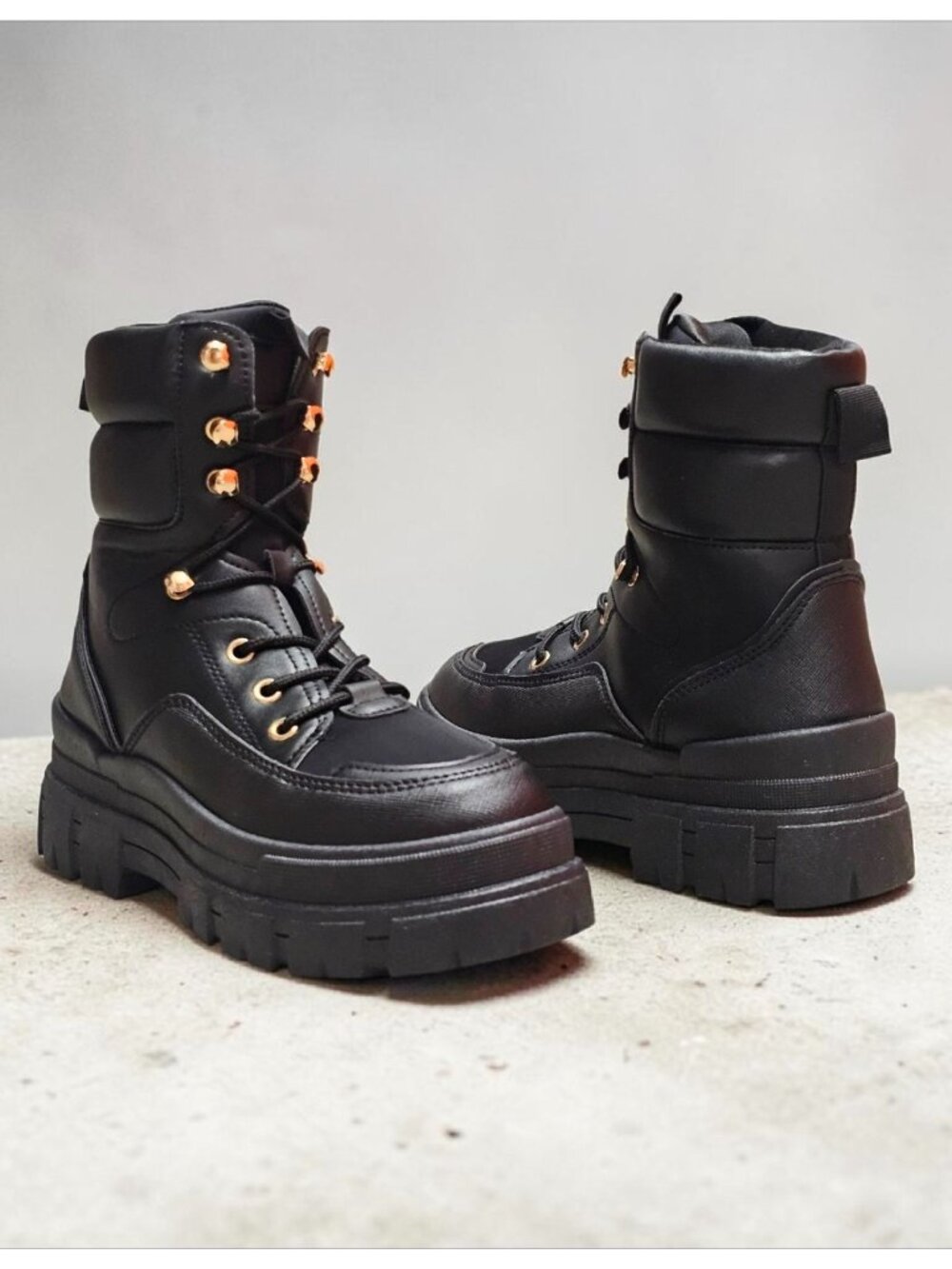 Chunky Black Combat Style Lace-Up Boots With Gold Eyelets For Women - Picture 7 of 9